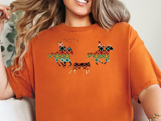 Beautiful Aztec-Designed Team Roping Adult Unisex Cotton T-Shirt - 0