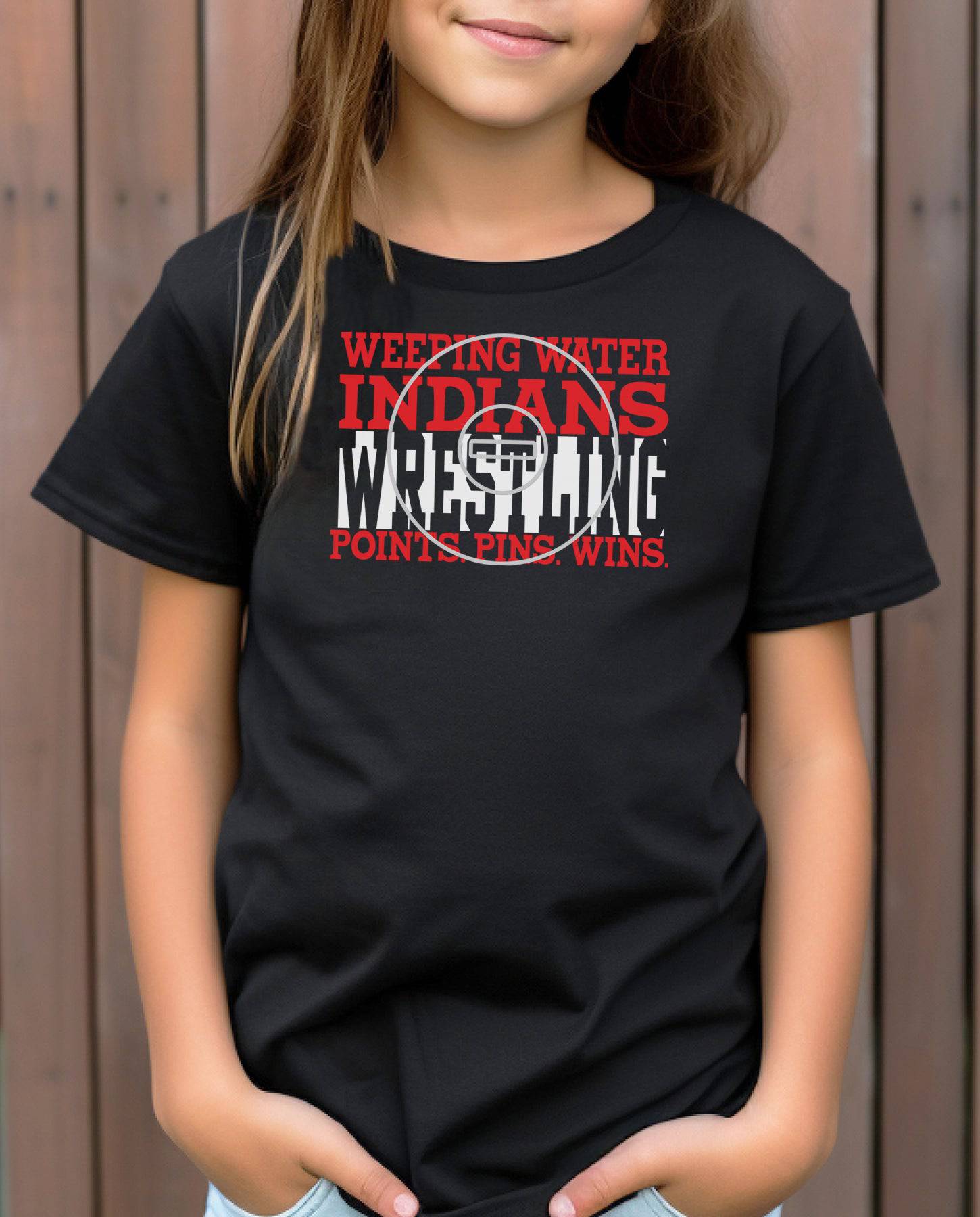 Indians Wrestling Points Pins Wins Adult or Youth Cotton T-Shirt - Cryin Creek