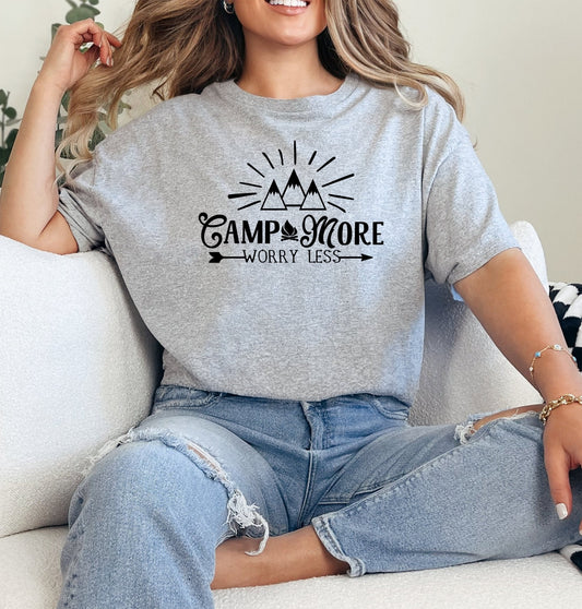 De-Stress Outdoors! Camp More Worry Less Adult Unisex Cotton T-shirt - Cryin Creek