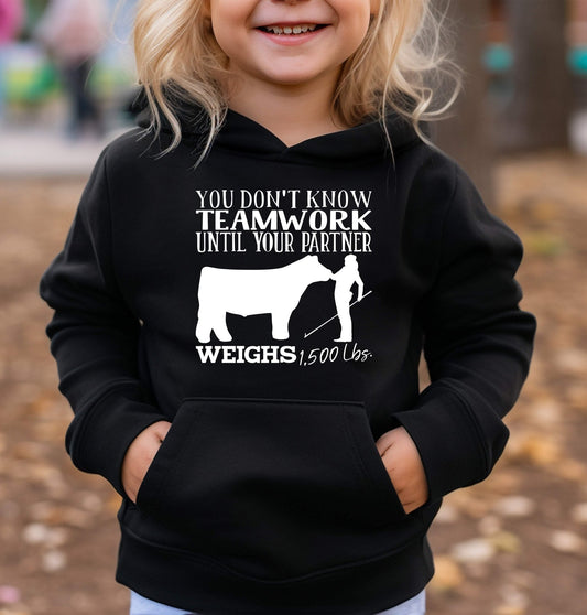 You (Female) Don't Know Teamwok Until Your (Beef) Partner Weighs 1,500 Lbs. Adult/Youth Unisex Cotton Hooded Sweatshirt | Cryin Creek