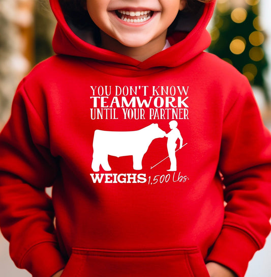 You (Male) Don't Know Teamwork Until Your (Beef) Partner Weighs 1,500 Lbs Adult/Youth Unisex Cotton Hooded Sweatshirt - 0