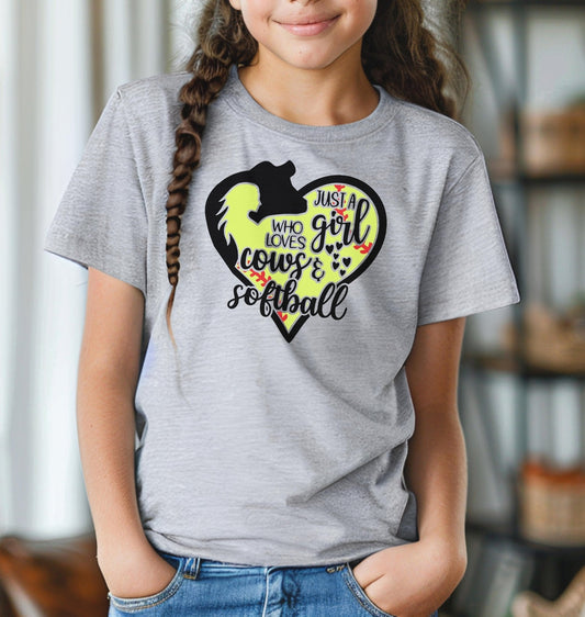 Just A Girl Who Loves Cows and Softball Adult/Youth T-Shirt | Cryin Creek