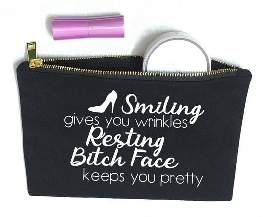 Smiling Gives You Wrinkles Resting Bitch Face Keeps You Pretty Canvas Makeup Bag | Cryin Creek