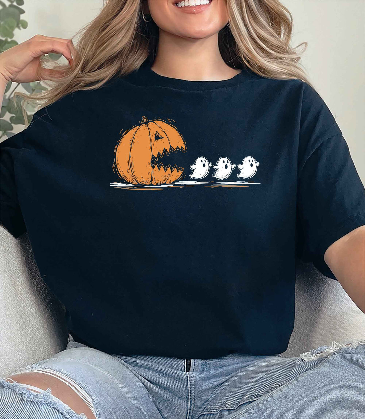 Black Pac Man jack-o-lantern Halloween retro arcade pumpkin tee 