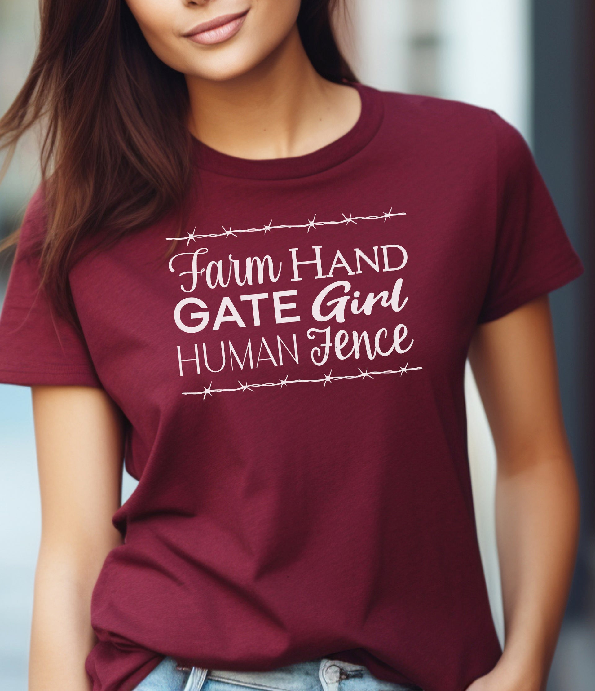 Farm Hand Gate Girl Human Fence T-shirt Maroon