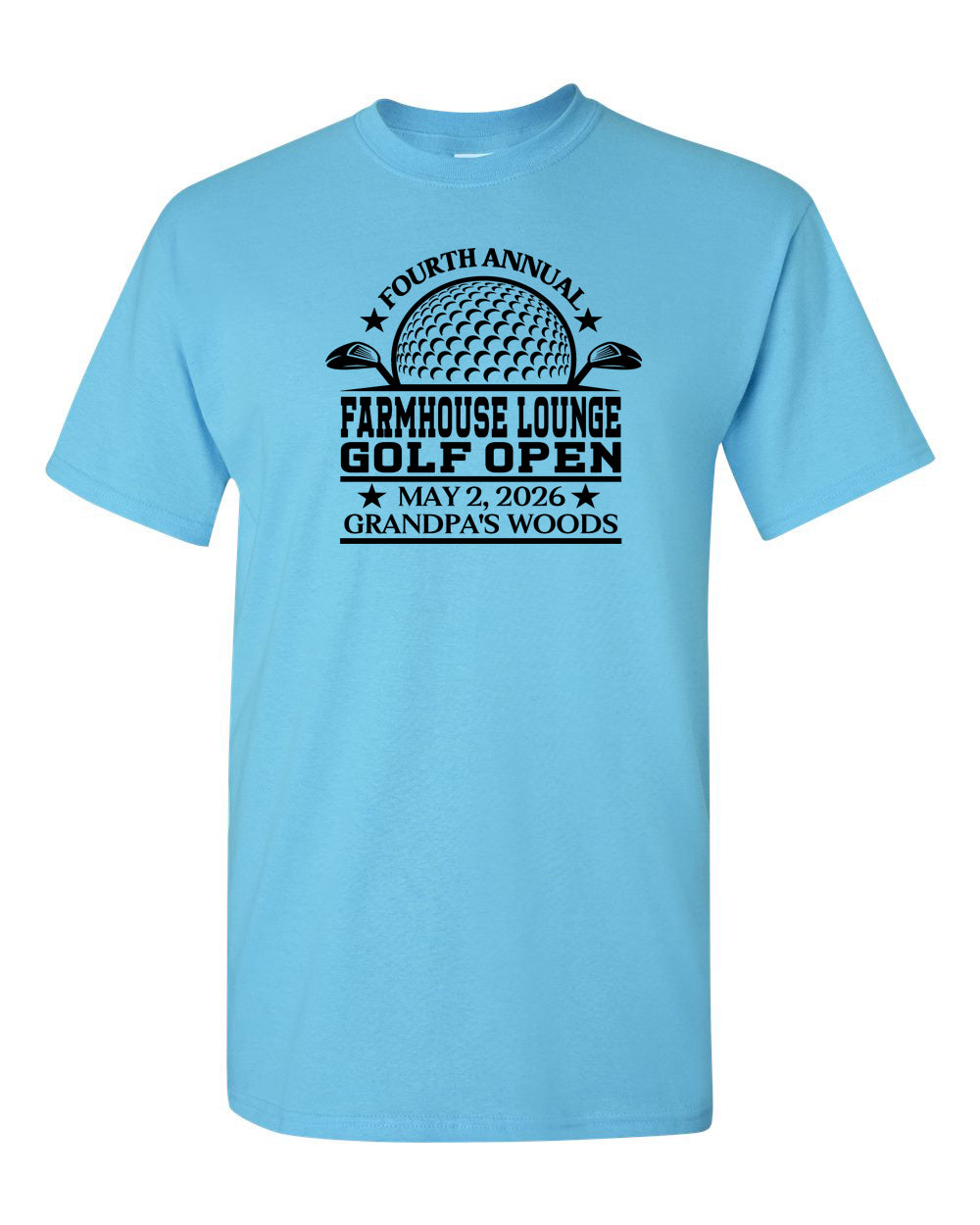 Farmhouse Lounge Open light blue t-shirt with black text and golf ball graphic on white background.