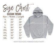 Gildan 18500 hoodie size chart with measurements on a white background