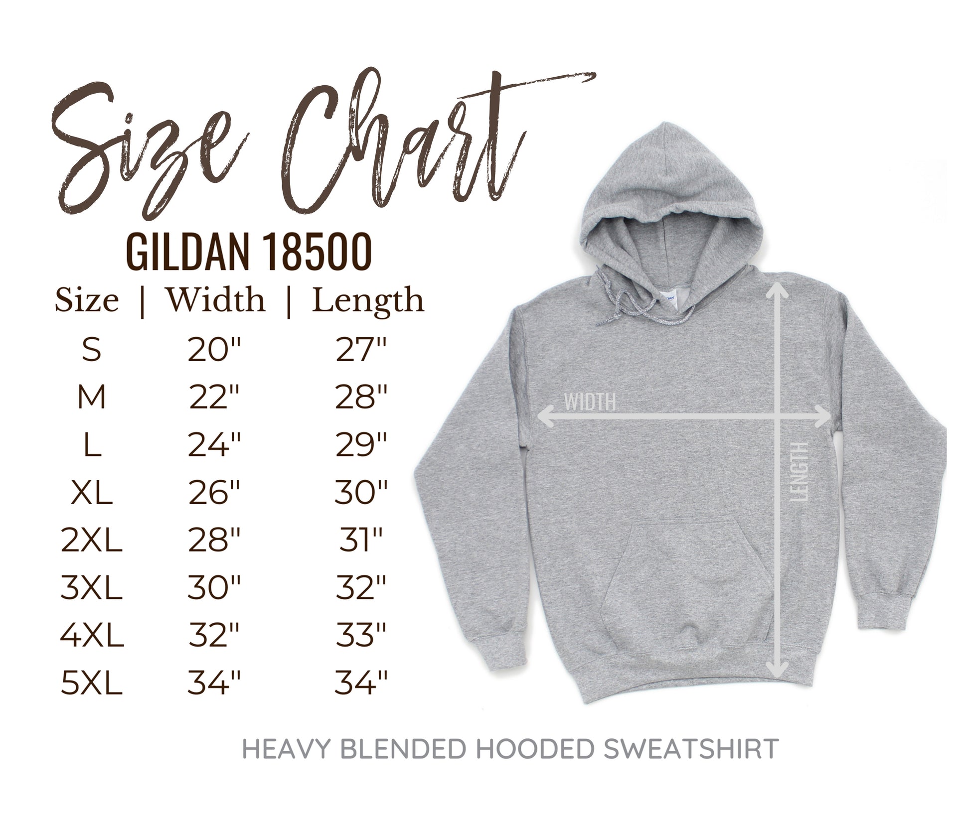 Gildan 18500 hoodie size chart with measurements on a white background