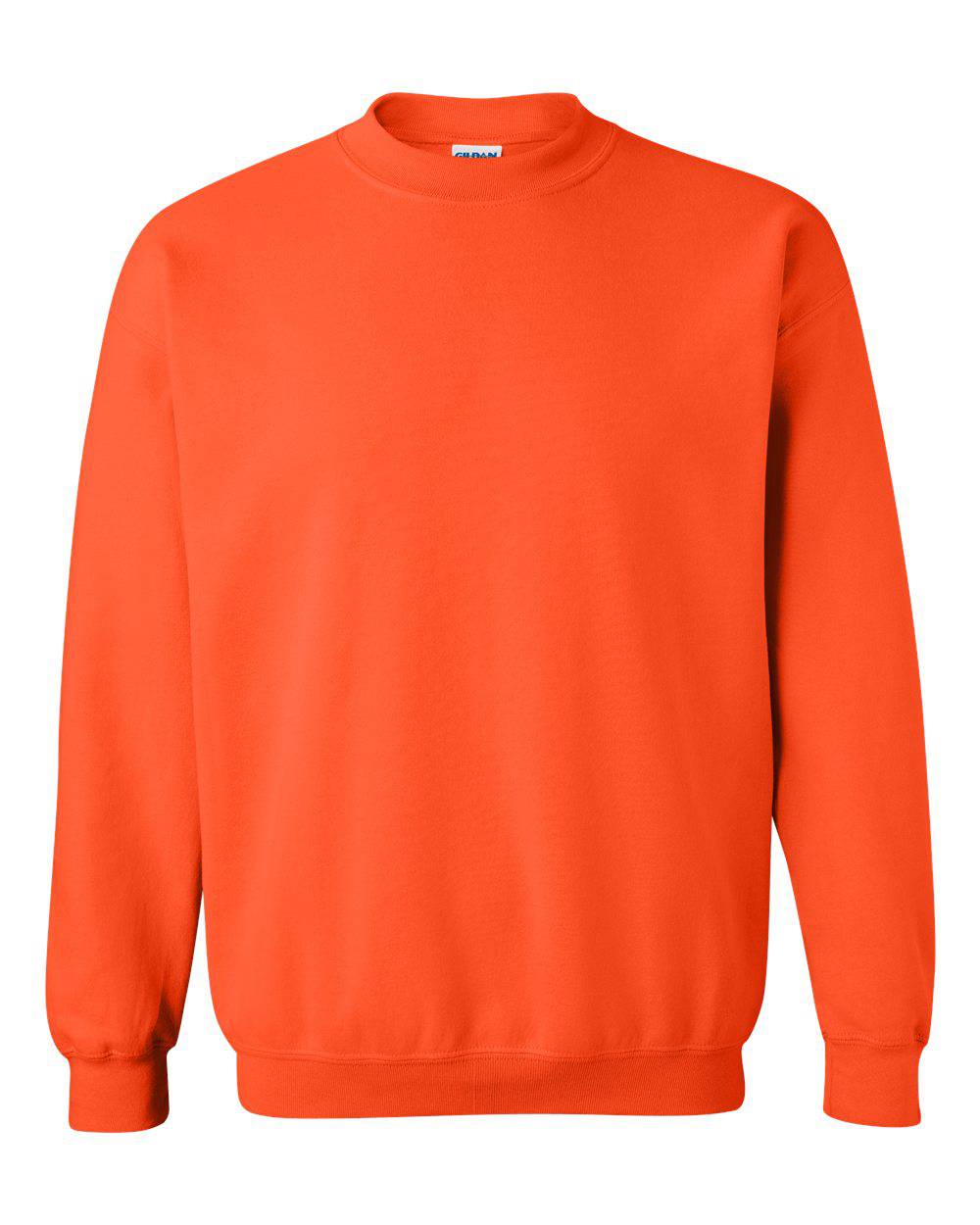 Gildan orange crewneck on white background.