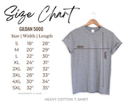 Gildan 5000 size chart with a grey t-shirt on a white background