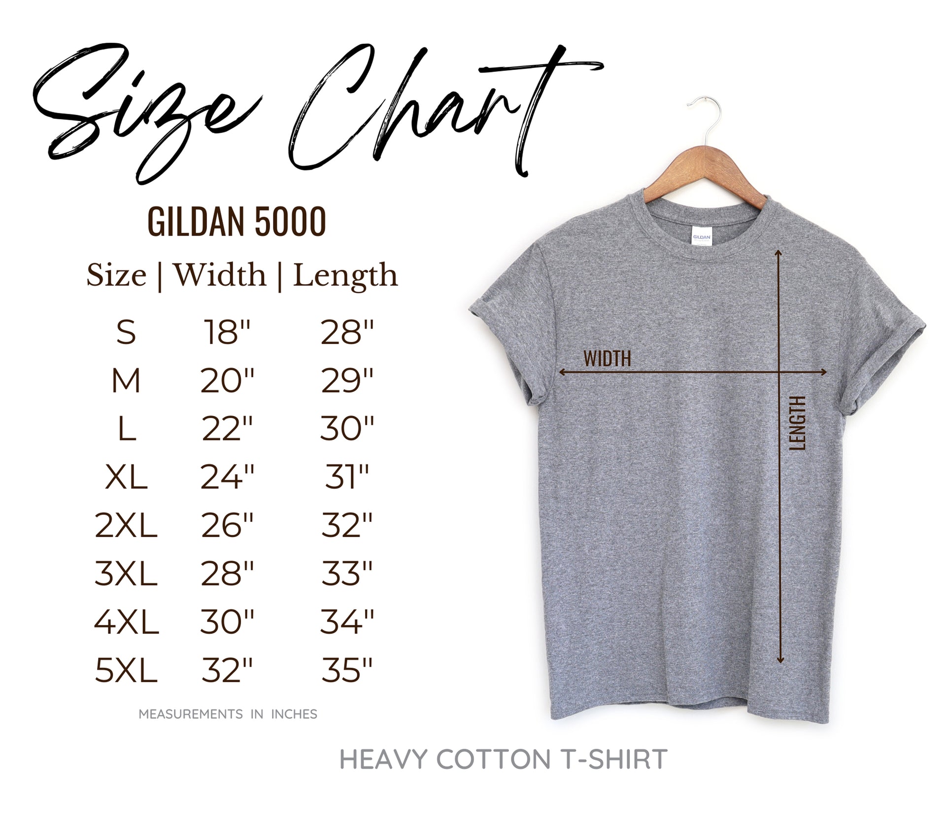 Gildan 5000 size chart with a grey t-shirt on a white background