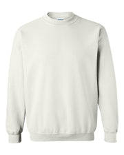 Gildan white crewneck on white background.