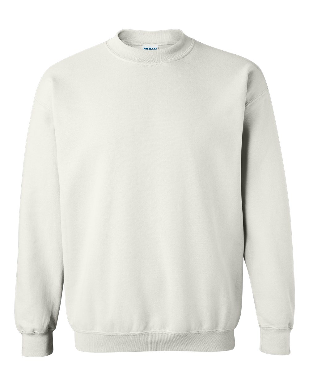 Gildan white crewneck on white background.