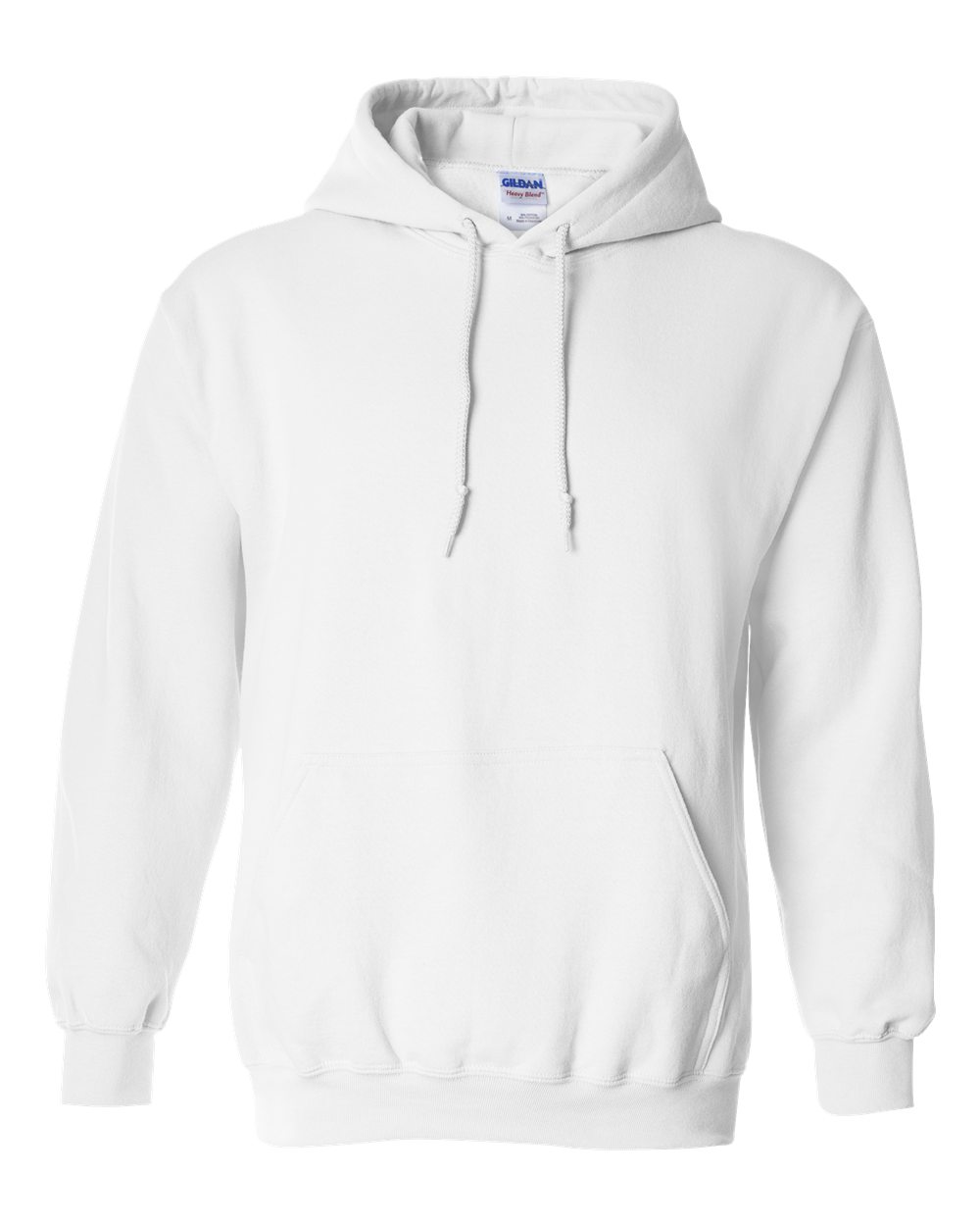 Gildan white hoodie on white background.