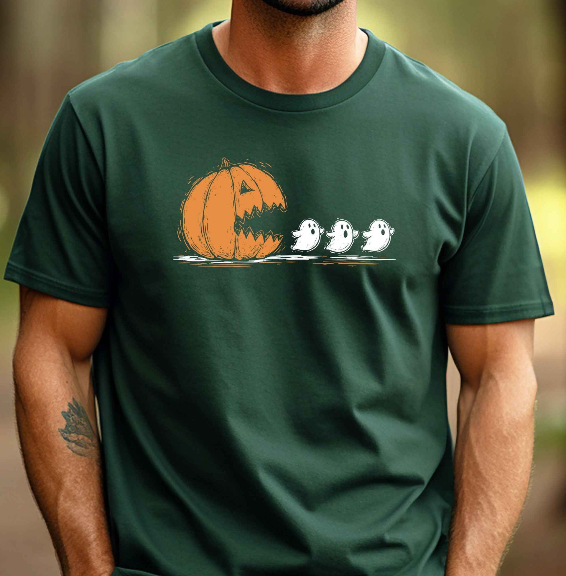 Hunter Green Pac Man jack-o-lantern Halloween retro arcade pumpkin tee