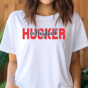 White t-shirt with 'Husker Volleyball' text in red and black.