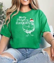Woman wearing an Irish Green Merry Christmas Cluckers t-shirt.
