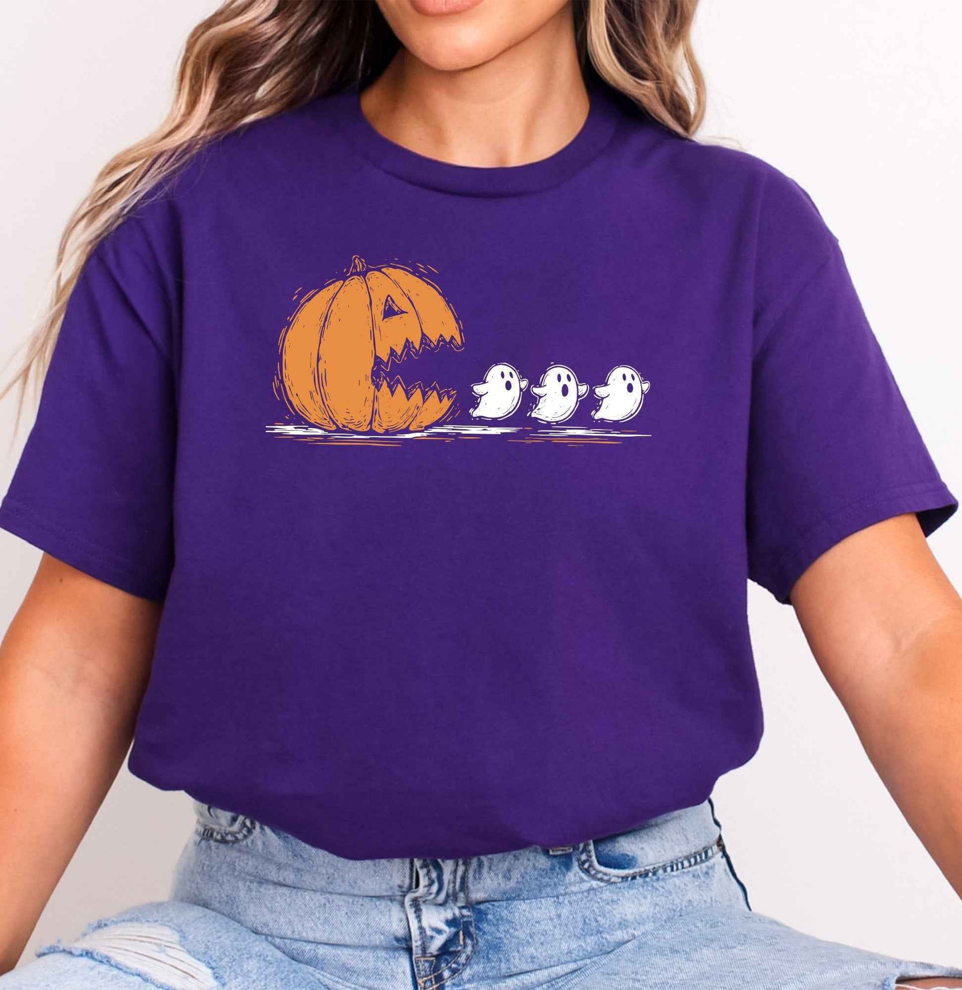 Purple Pac Man jack-o-lantern Halloween retro arcade pumpkin tee 