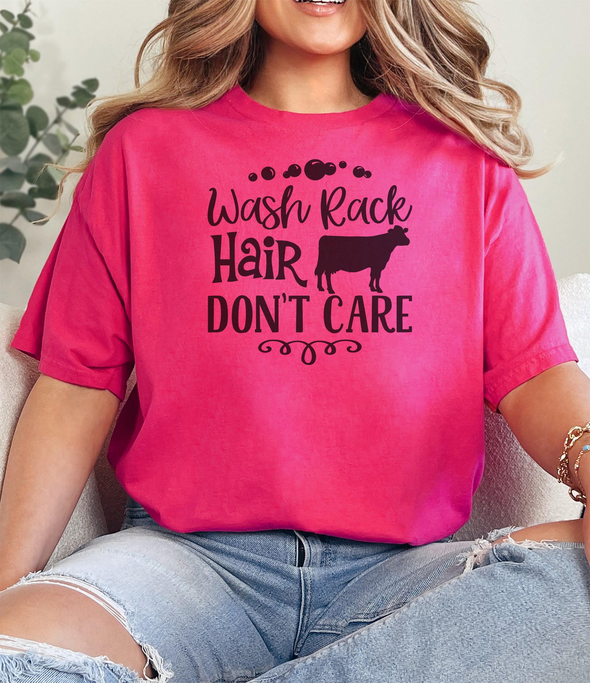Wash Rack Hair Don't Care Dairy T-shirt Hot Pink