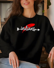 Woman wearing a black Weeping Water Indians Feather crewneck sweatshirt.
