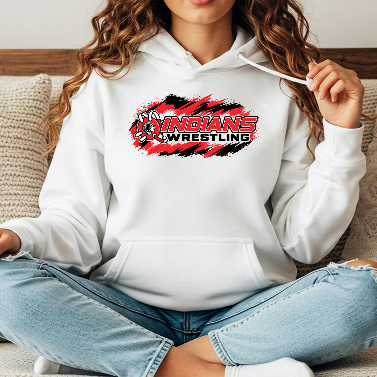 White adult hooded sweatshirt featuring the Weeping Water Indians Little League Wrestling logo in bold red and black, modeled with jeans.