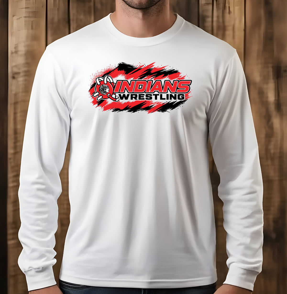 White adult long sleeve T Shirt featuring the Weeping Water Indians Wrestling graphic in bold red, black, and white. Designed for wrestling parents, coaches, and fans supporting the Weeping Water Indians Little League Wrestling team.