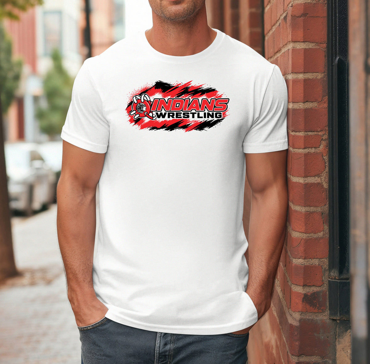 White Weeping Water Indians Little League Wrestling adult T Shirt featuring a bold red and black Indians Wrestling graphic, modeled by an adult man.