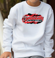 White youth crewneck sweatshirt featuring the Weeping Water Indians Little League Wrestling logo in red and black, modeled by a young wrestler.