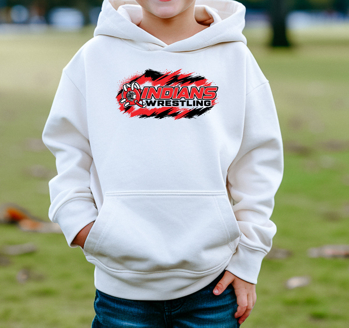 White Weeping Water Indians Little League Wrestling youth hoodie featuring a bold red and black Indians Wrestling graphic, modeled by a child.