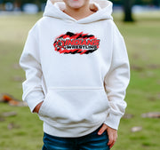 White Weeping Water Indians Little League Wrestling youth hoodie featuring a bold red and black Indians Wrestling graphic, modeled by a child.