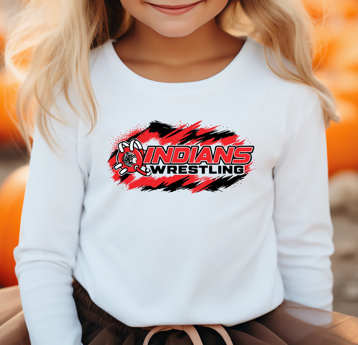 White youth long sleeve T Shirt featuring the Weeping Water Indians Wrestling graphic in bold red, black, and white. Designed for young wrestlers and fans supporting the Weeping Water Indians Little League Wrestling team.
