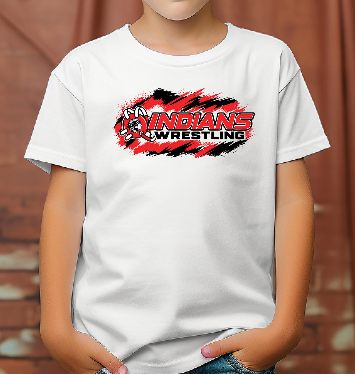 White Weeping Water Indians Little League Wrestling youth T Shirt featuring a bold red and black Indians Wrestling graphic, modeled by a child.