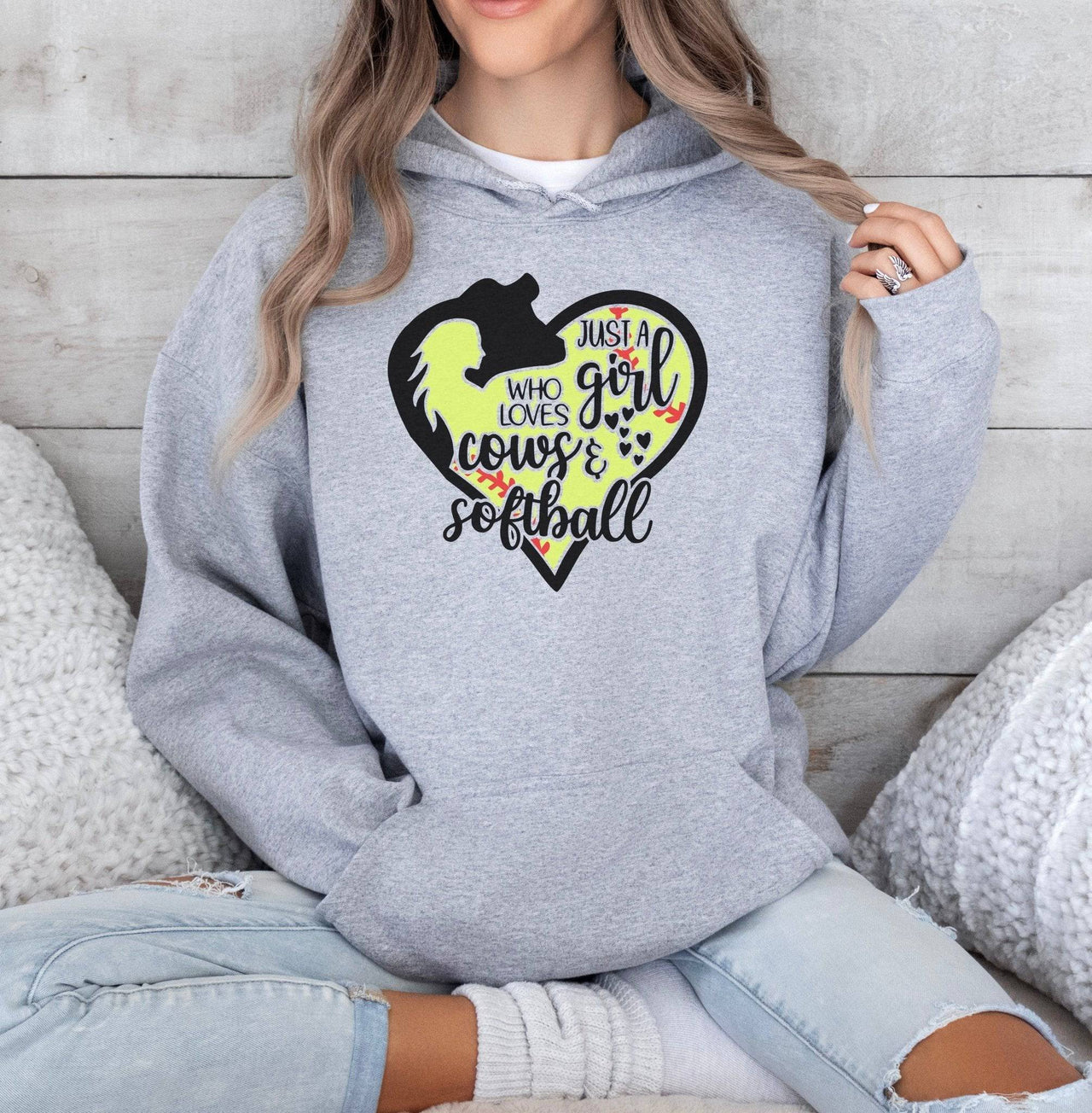 Just a Girl Who Loves Softball and Cows Adult/Youth Cotton Hooded Sweatshirt