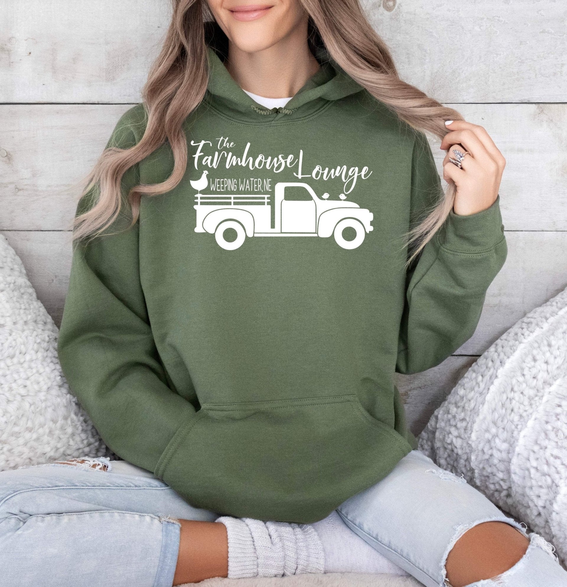 Farmhouse Lounge Vintage Truck and Chickens Logo Hooded Sweatshirt - 0