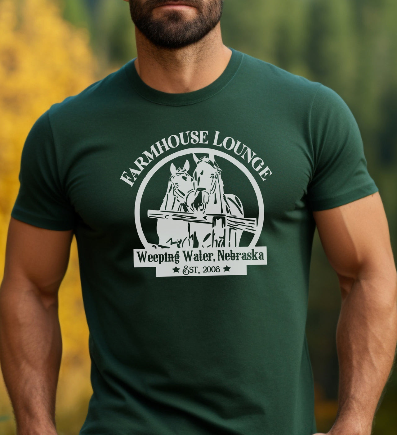 Hunter Green Farmhouse Lounge Vintage Horse T-Shirt for Nebraska Apparel