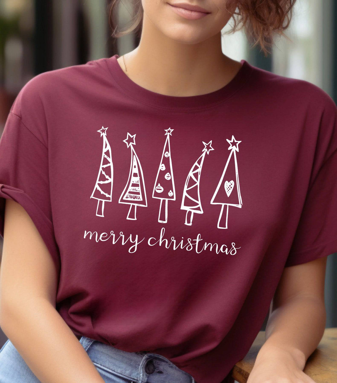 Maroon Simple Merry Christmas Trees T-Shirt | Minimalist Festive Holiday Tee