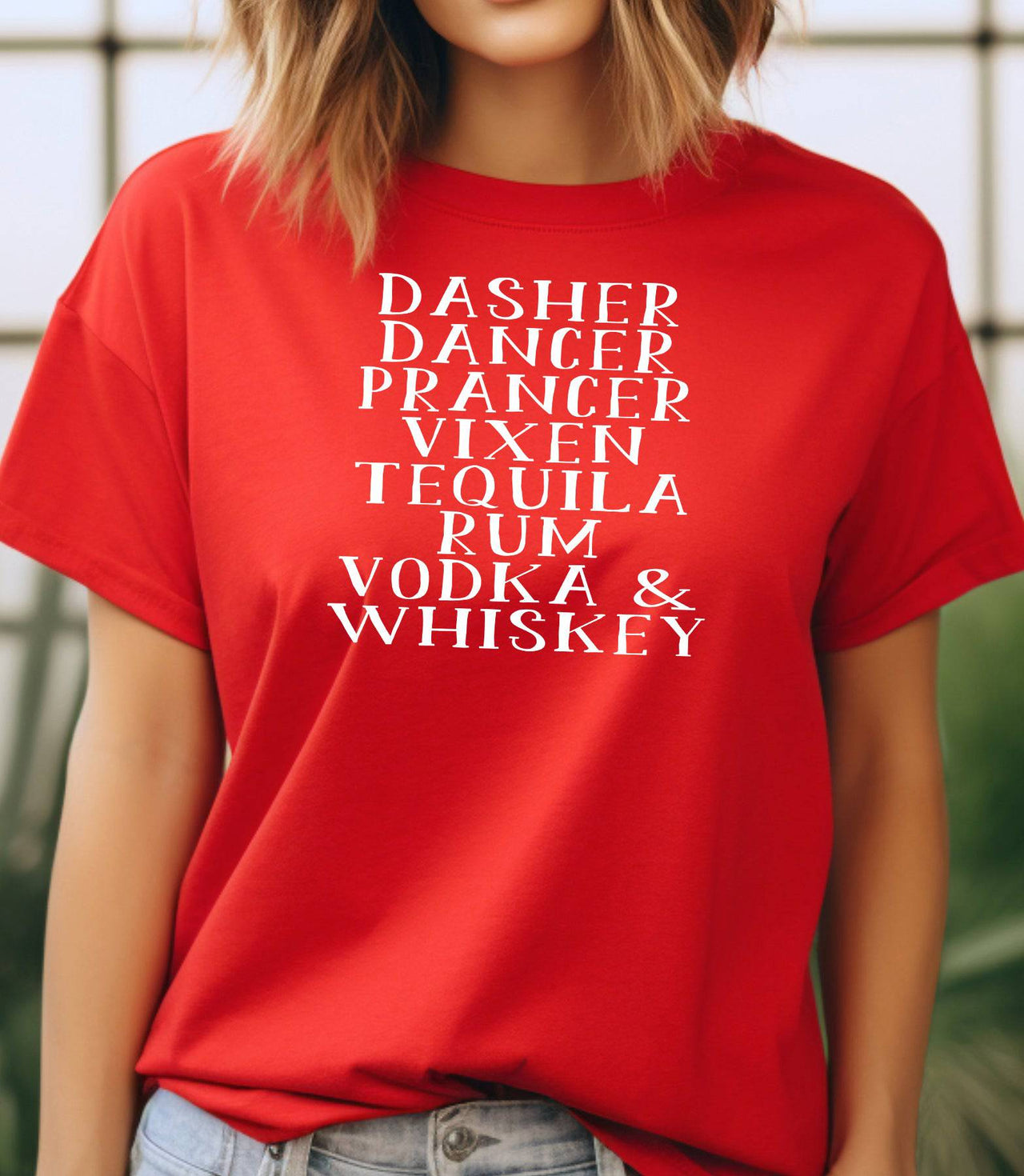 Red Boozy Reindeer Names Funny Christmas T-Shirt | Adult Holiday Drinking Shirt