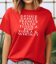 Red Boozy Reindeer Names Funny Christmas T-Shirt | Adult Holiday Drinking Shirt