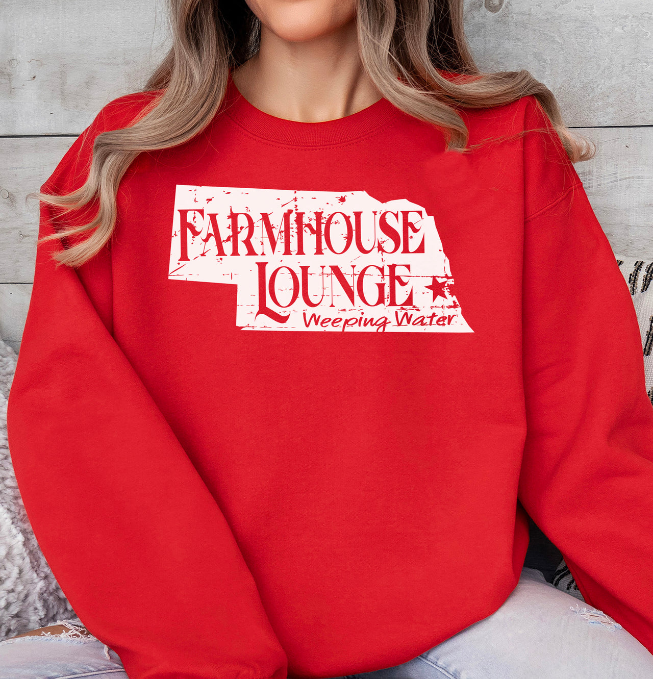 Red Farmhouse Lounge Rustic Crewneck Adult Cotton Unisex Sweatshirt