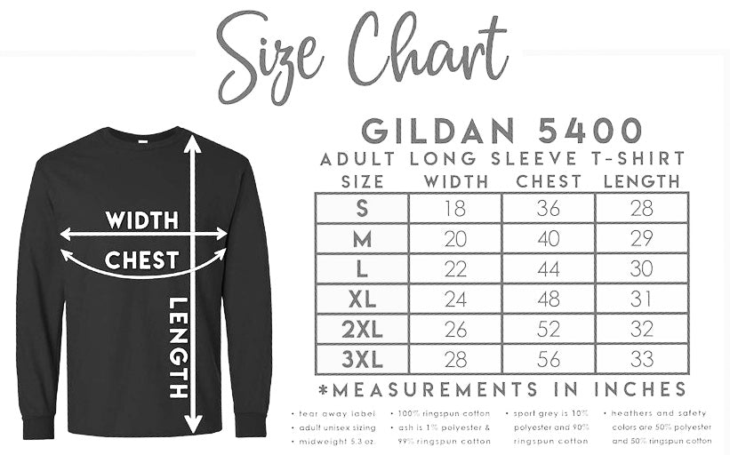Size Chart for Funny Christmas Long Sleeve T-Shirt “I Like Them Thick and Sprucy” | Holiday Tree Pun Tee